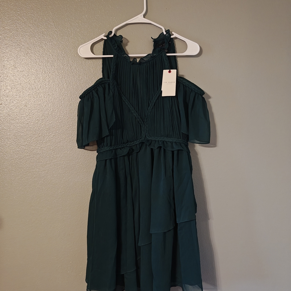 Ted Baker Rope Detail Mini Fit & Flare Dress Dark Green Cold Shoulder Size 2
